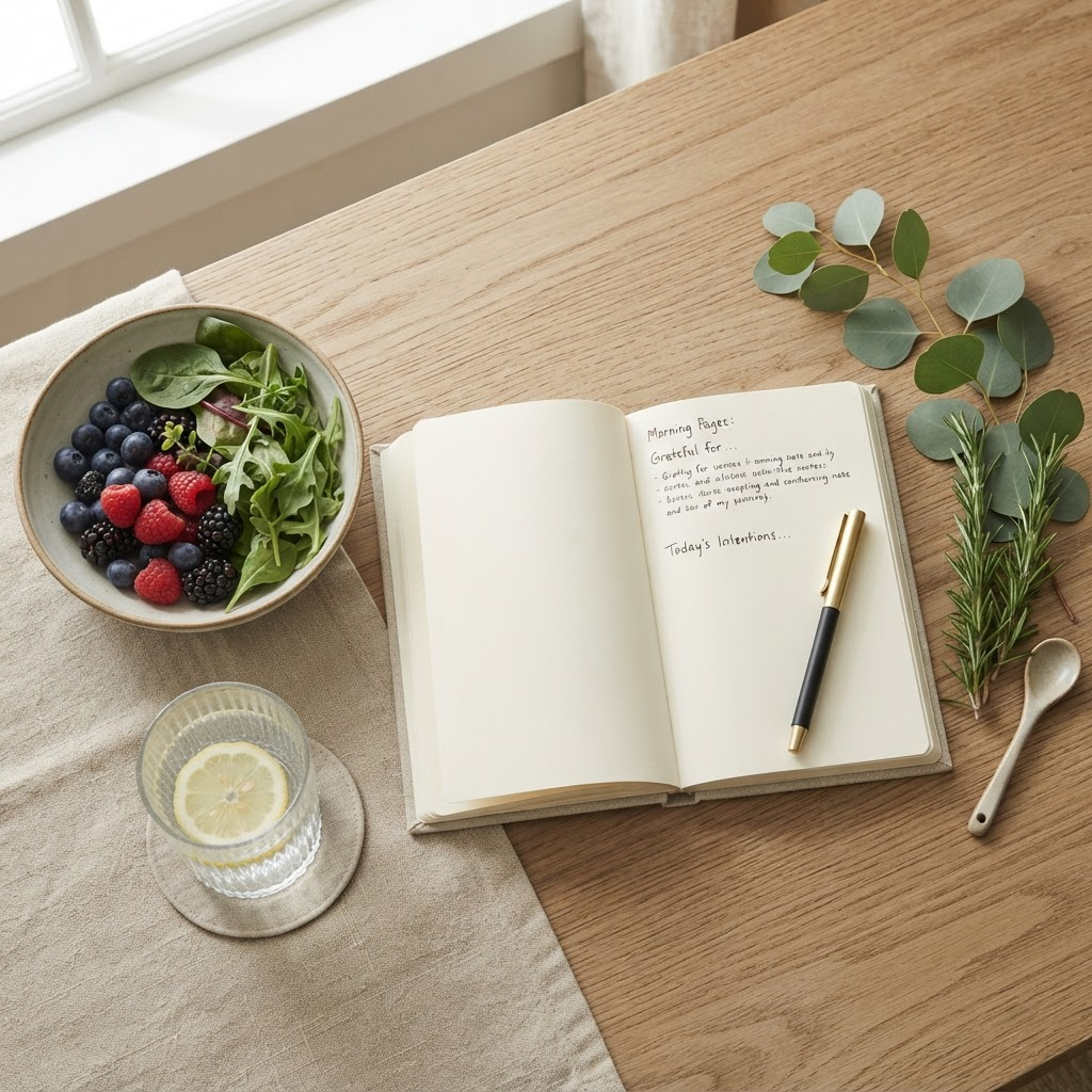 An open journal beside a bowl of berries, greens and a glass of lemon water